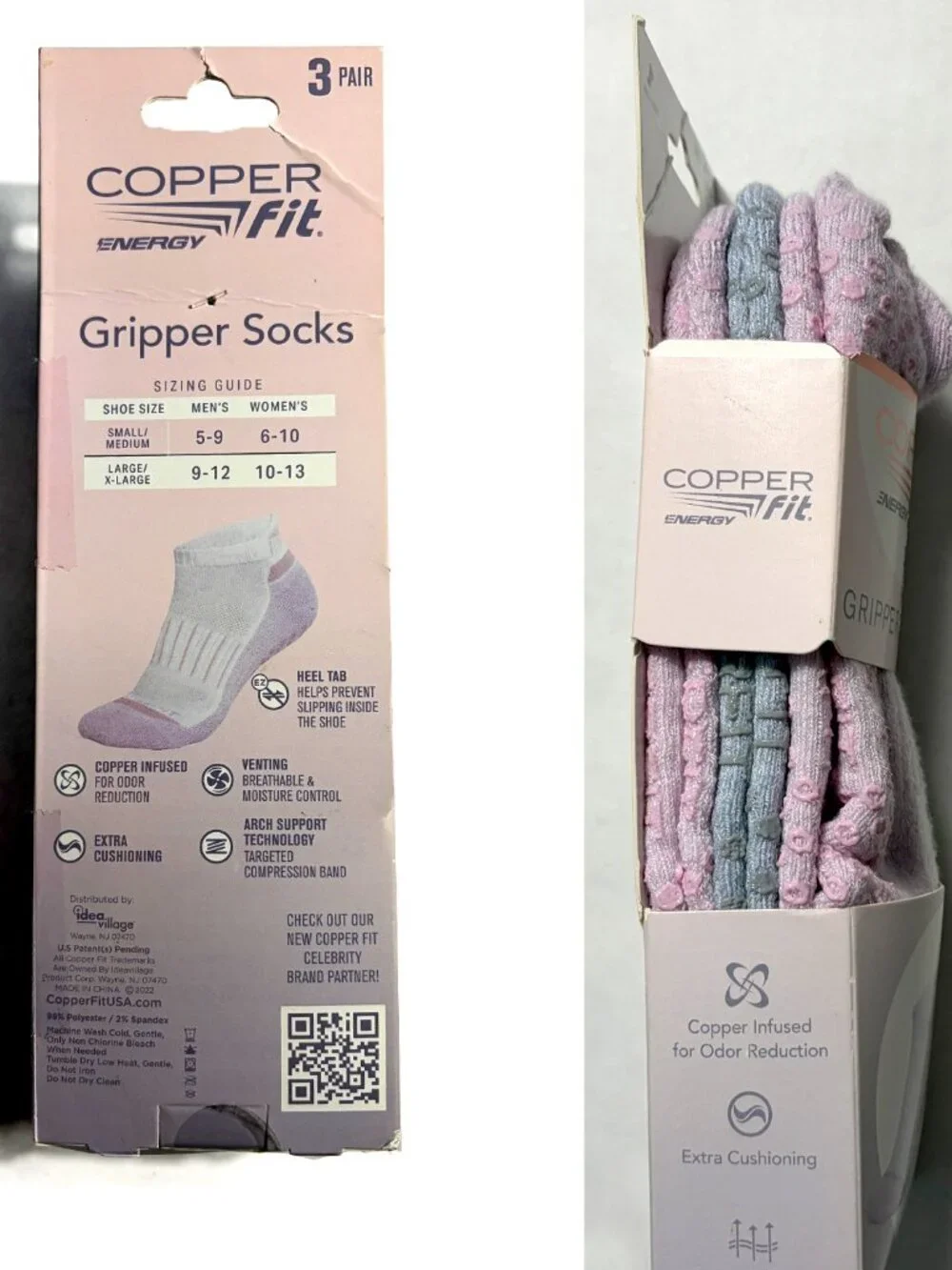 Copper Fit Energy Gripper Ankle Length Socks 3 Pair L-XL W 10-13 M 9-12